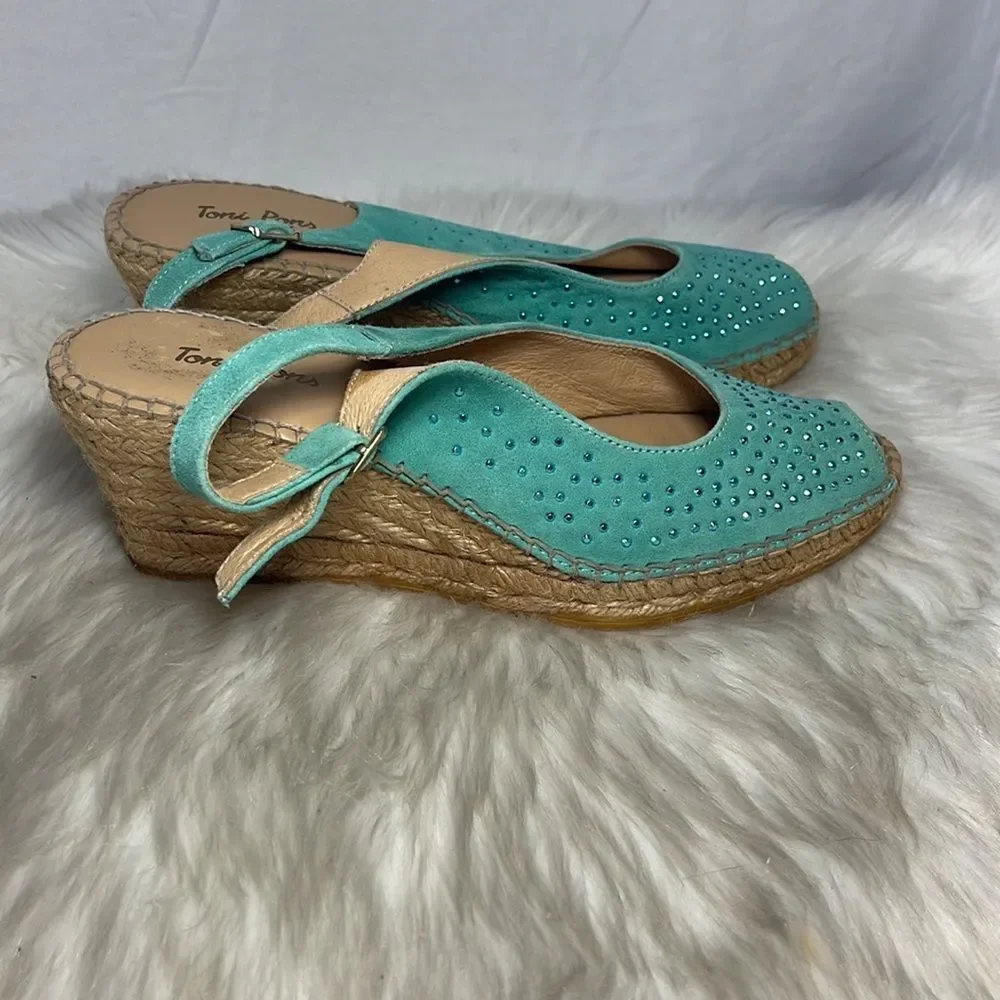 Toni Pons Turquoise Studded Wedge Peep Toe Espadrilles Sz 39/US 8‎